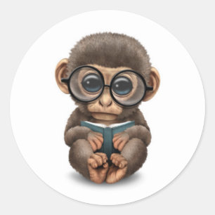 Adesivo Redondo Macaco-bebê bonito lendo um livro sobre branco