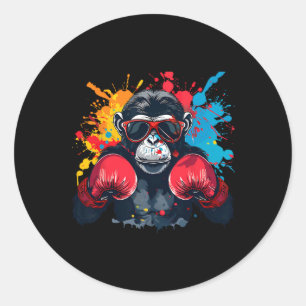 Adesivo Redondo Macaco Boxeador Com Luvas de Boxe Kickboxing Engra