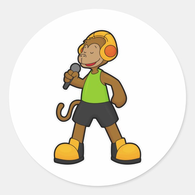 Adesivo Redondo Macaco como cantor com microfone e fone de ouvido (Frente)