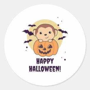 Adesivo Redondo Macaco Em Macacos-Pumpkin Feliz Dia das Bruxas