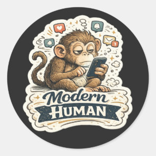 Adesivo Redondo Macaco Engraçado Humano Moderno Smartphone Mídia S
