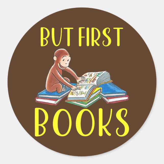 Adesivo Redondo Macaco Engraçado Lendo Livro Mas Primeiro (Frente)