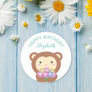 Adesivo Redondo Macaco Kawaii Bonito Com Flores Feliz Aniversário