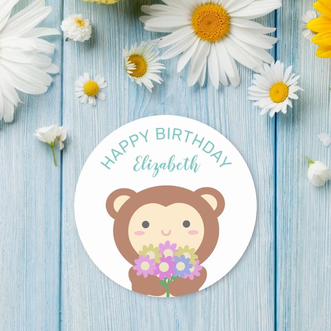 Adesivo Redondo Macaco Kawaii Bonito Com Flores Feliz Aniversário (Criador carregado)