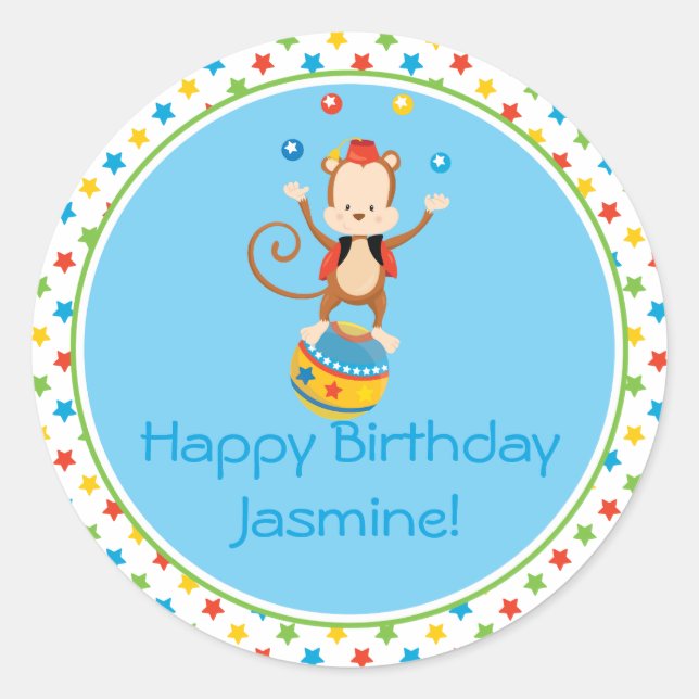 Adesivo Redondo Macaco malabarista | Tema de circo | Personalizado (Frente)