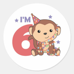 Adesivo Redondo Macaco Seis Crianças de Aniversário, 6 Anos, Rou C