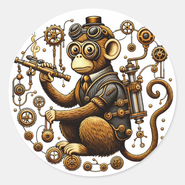 Adesivo Redondo Macaco Steampunk com Ray Gun (Frente)