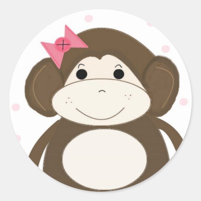 Adesivo Redondo Macaquinho com Laço de Cabelo Rosa (Frente)