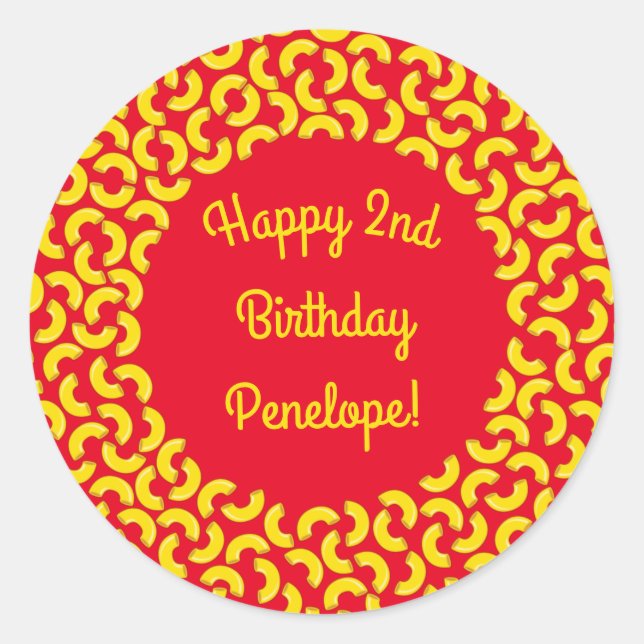 Adesivo Redondo Macaroni, primeiro aniversario do Mac e Queijo (Frente)