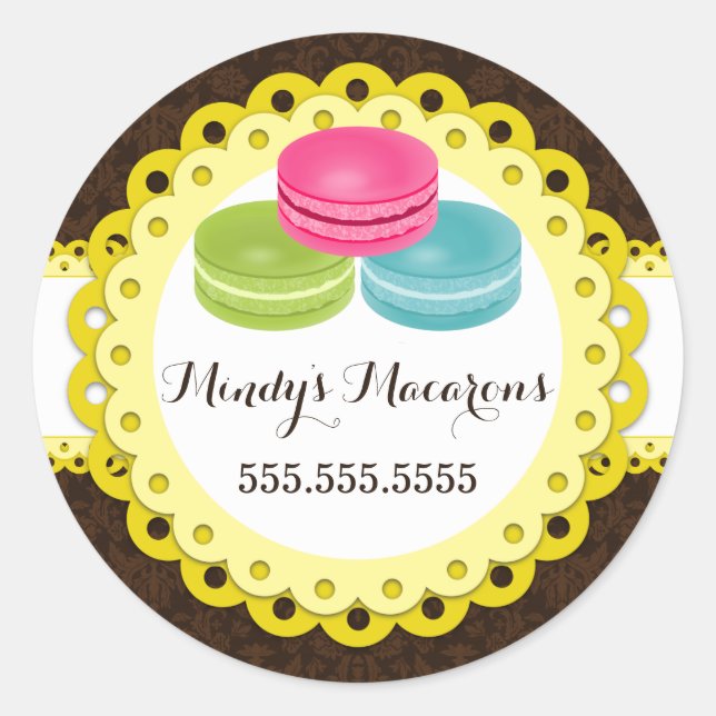 Adesivo Redondo Macarons Bakery Damask Yellow Scallop Seals (Frente)