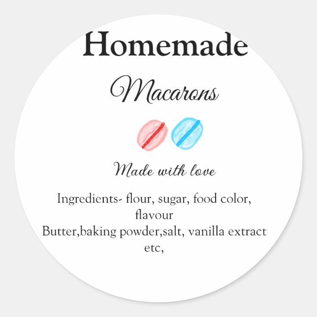 Adesivo Redondo Macarons caseiros adicionar ingredientes feitos co (Frente)