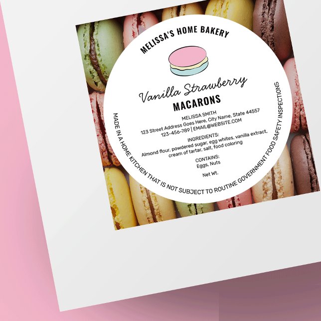 Adesivo Redondo Macarons Cottage Law Label Com Ingredientes (Trendy macarons cottage law label with customizable macaron clip art - you can edit all colors)