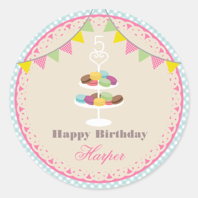 Adesivo Redondo Macarons franceses Festa de aniversário Blue Gingh (Frente)
