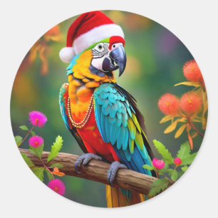 Adesivo Redondo Macaw de Natal Vestindo um Chapéu Santa- 56485