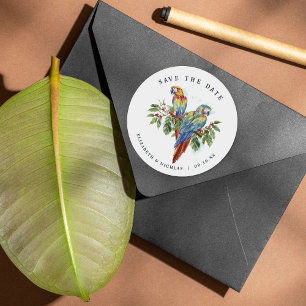 Adesivo Redondo Macaw tropical Salve a data de casamento