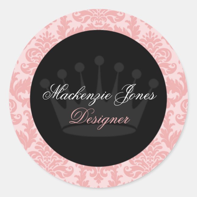 Adesivo Redondo Mackenzie Pink & Black Damask Chic Round Sticker (Frente)