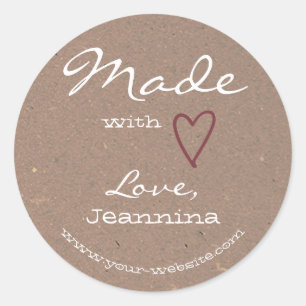 Adesivo Redondo Made with Love Heart Symbol Brown Kraft Paper