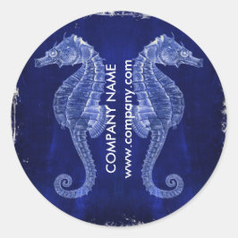 Adesivo Redondo madeira branca-litoral, cavalo marinho azul-náutic