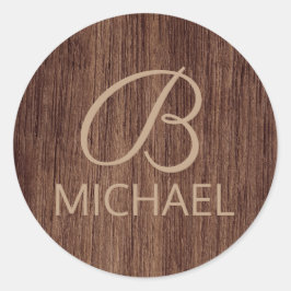 Adesivo Redondo Madeira de grão com nome personalizado monograma