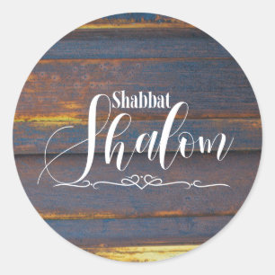 Adesivo Redondo Madeira Envelhecida Shabbat Shalom, Azul Escuro Do