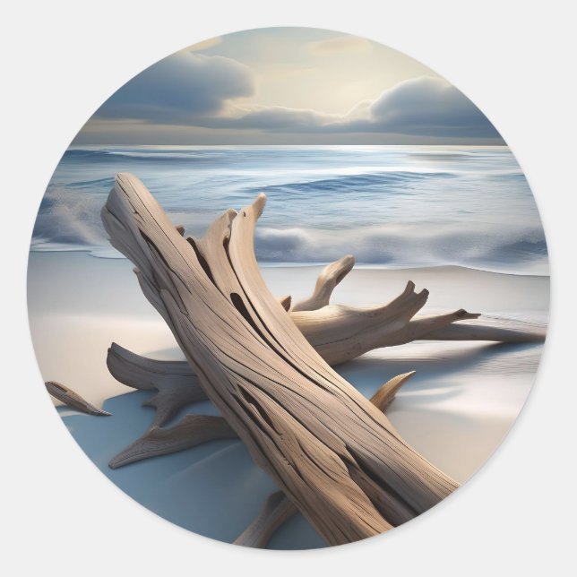 Adesivo Redondo Madeira limpa na praia. (Frente)