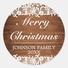 Adesivo Redondo Madeira russa e renda branca Feliz Natal