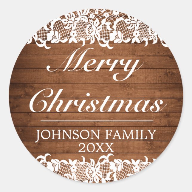Adesivo Redondo Madeira russa e renda branca Feliz Natal (Frente)