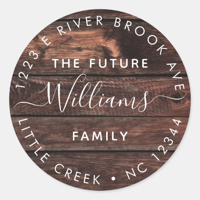 Adesivo Redondo Madeira russa | Elegante Modern Future Sr. e Sra. (Frente)