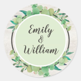 Adesivo Redondo Madeira Rústica e Folha de Eucalipto Nomes Botânic