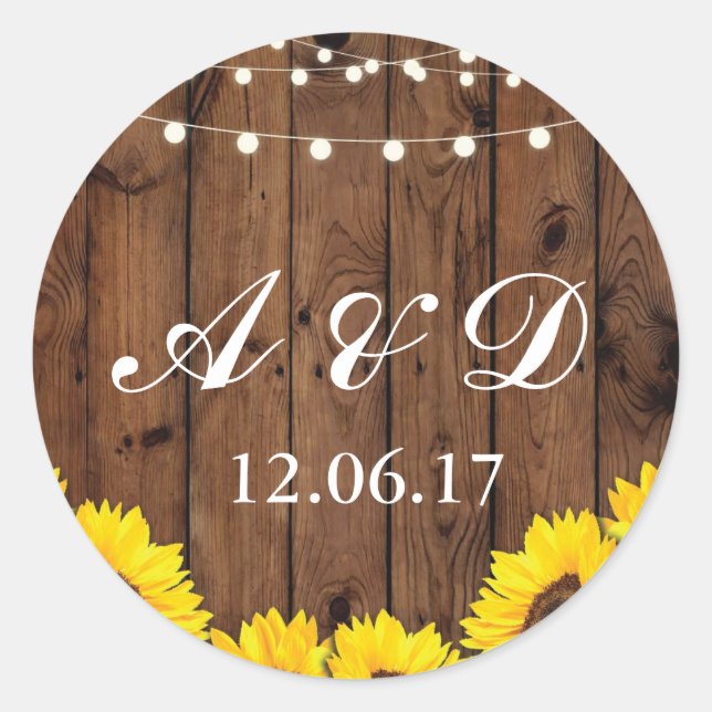 Adesivo Redondo Madeira Rústica Flores De Girassol (Frente)
