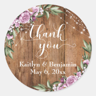 Adesivo Redondo Madeira Rústica, Luzes Brancas, Flores Obrigado