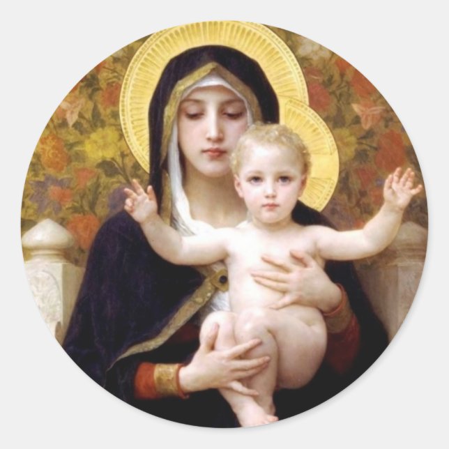 Adesivo Redondo Madona com pintura antiga de Bouguereau dos lírios (Frente)