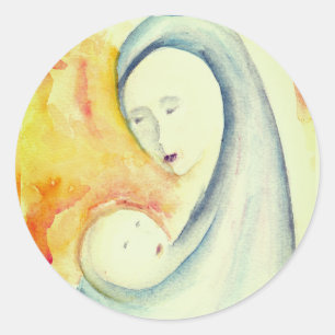 Adesivo Redondo Madona e Menino Natal Natividade Aquarela