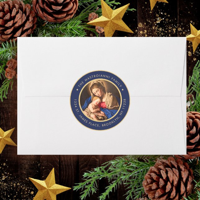 Adesivo Redondo Madonna Religiosa e Morada de Natal Infantil (Religious Christmas card address label with Madonna and Child in navy blue and gold for Catholics)