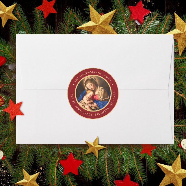 Adesivo Redondo Madonna Religiosa e Morada de Natal Infantil (Red and gold religious Christmas address label with Madonna and Child for Catholics and Christians)