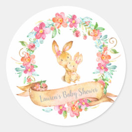 Adesivo Redondo Mãe Bebê Bunny Floral Wreath Chá