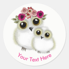 Adesivo Redondo Mãe Bebê Coruja Rosa Branca Personalizada