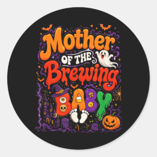 Adesivo Redondo Mãe Da Bruxa De Halloween Do Bebê Em Preparação