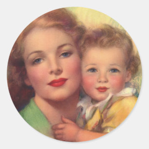 Adesivo Redondo Mãe do vintage e retrato da família da criança