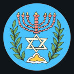 Adesivo Redondo Magen Persa David Menorah<br><div class="desc">Esta imagem foi adaptada de um antigo azulejo judeu persa e apresenta uma menorah com um Magen David (Estrela de David) enquadrado por ramos de oliveira. As imperfeições da imagem original pintada à mão foram preservadas.</div>