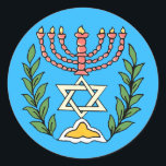 Adesivo Redondo Magen Persa David Menorah<br><div class="desc">Esta imagem foi adaptada de um antigo azulejo judeu persa e apresenta uma menorah com um Magen David (Estrela de David) enquadrado por ramos de oliveira. As imperfeições da imagem original pintada à mão foram preservadas.</div>