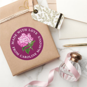 Adesivo Redondo Magenta e Hydrangea rosa feita com amor