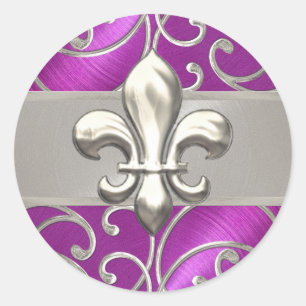 Adesivo Redondo Magenta e Silver Filigree Swirls Fleur de Lis