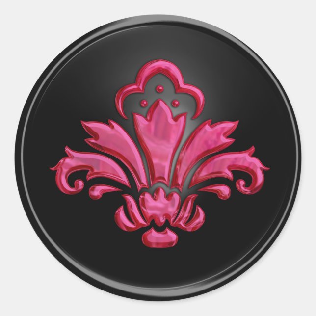 Adesivo Redondo Magenta Fleur de Lis no selo do envelope preto (Frente)