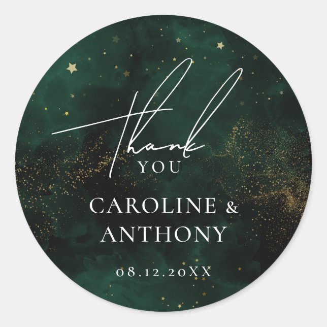 Adesivo Redondo Magia Dourada Verde Esmeralda Escuro Obrigada (Frente)