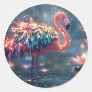 Adesivo Redondo Magia Flamingo Fantasy Art com Pena Colorida