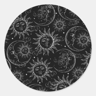 Adesivo Redondo Magia Negra Vintage Sol Lua Estrelas Celestiais Fe