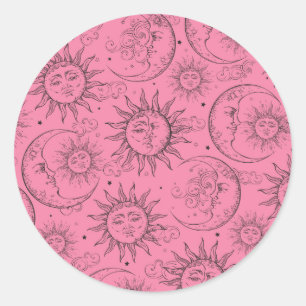 Adesivo Redondo Magia Rosa Vintage Sol Lua Estrelas Celestiais