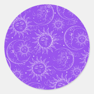 Adesivo Redondo Magia Roxa Vintage Celestial Sol Lua Estrelas