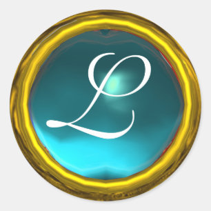 Adesivo Redondo MAGIC AQUAMARINE MONOGRAM azul brilhante vibrante